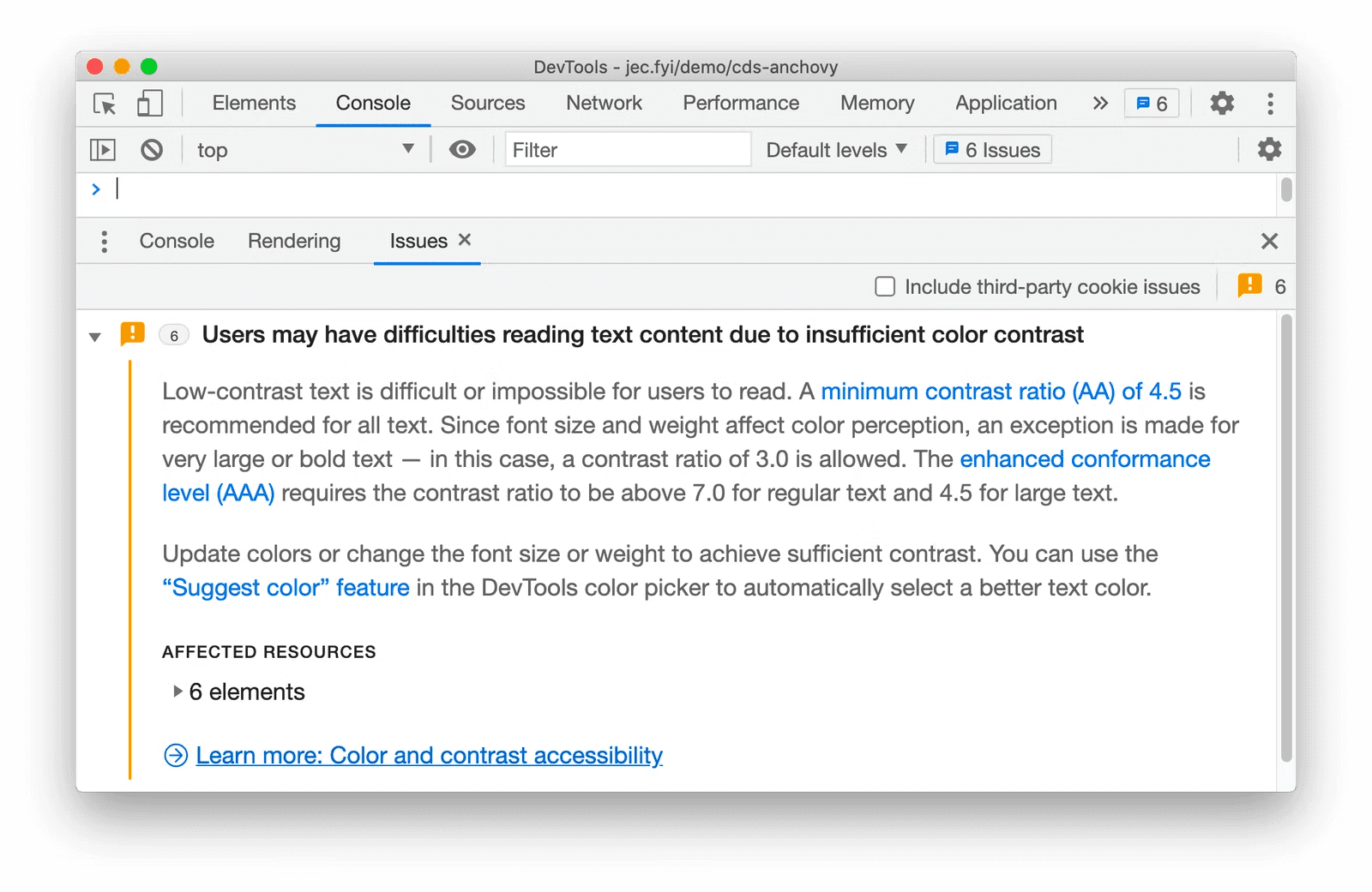 Screenshot des Bereichs „Probleme“ in der Console. Es werden sechs Fehler im Zusammenhang mit Kontrast gemeldet.